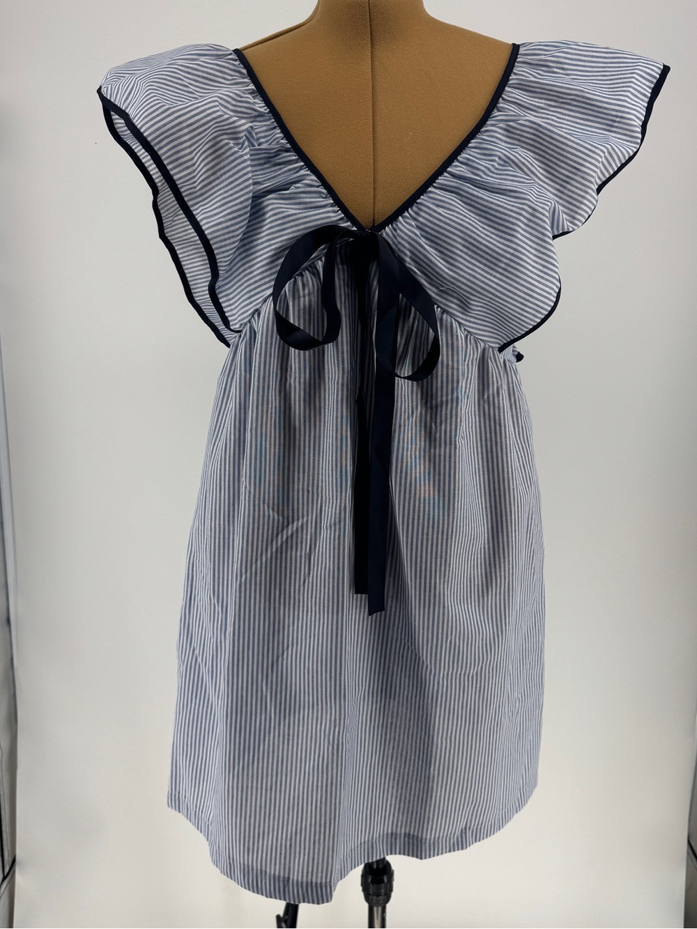 Striped Flutter Sleeve Tie-Front Dress in Navy and White - Picture 1 of 3